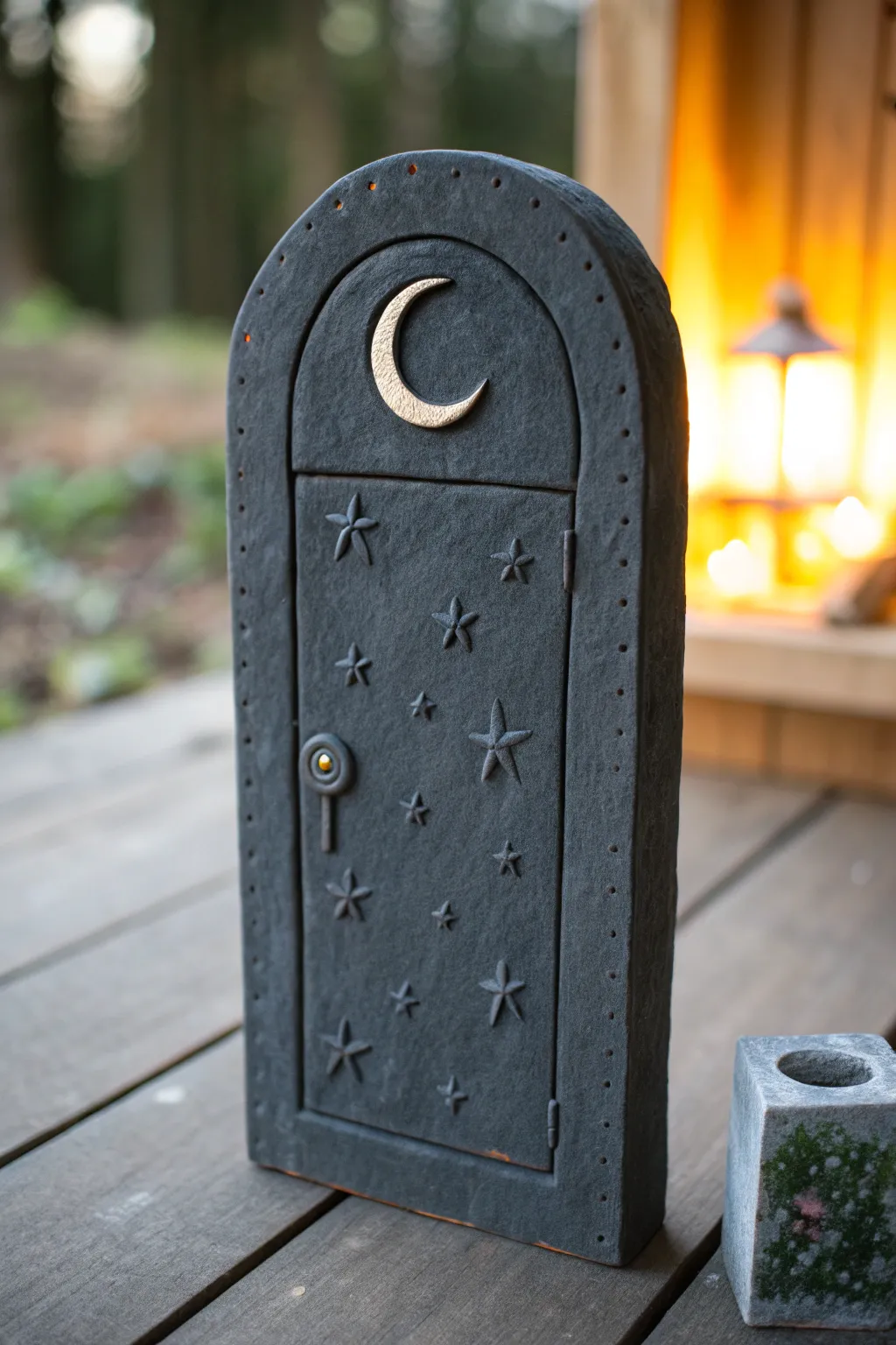 Moody charcoal clay door with glowing crescent cutout and star dots for a dreamy night vibe