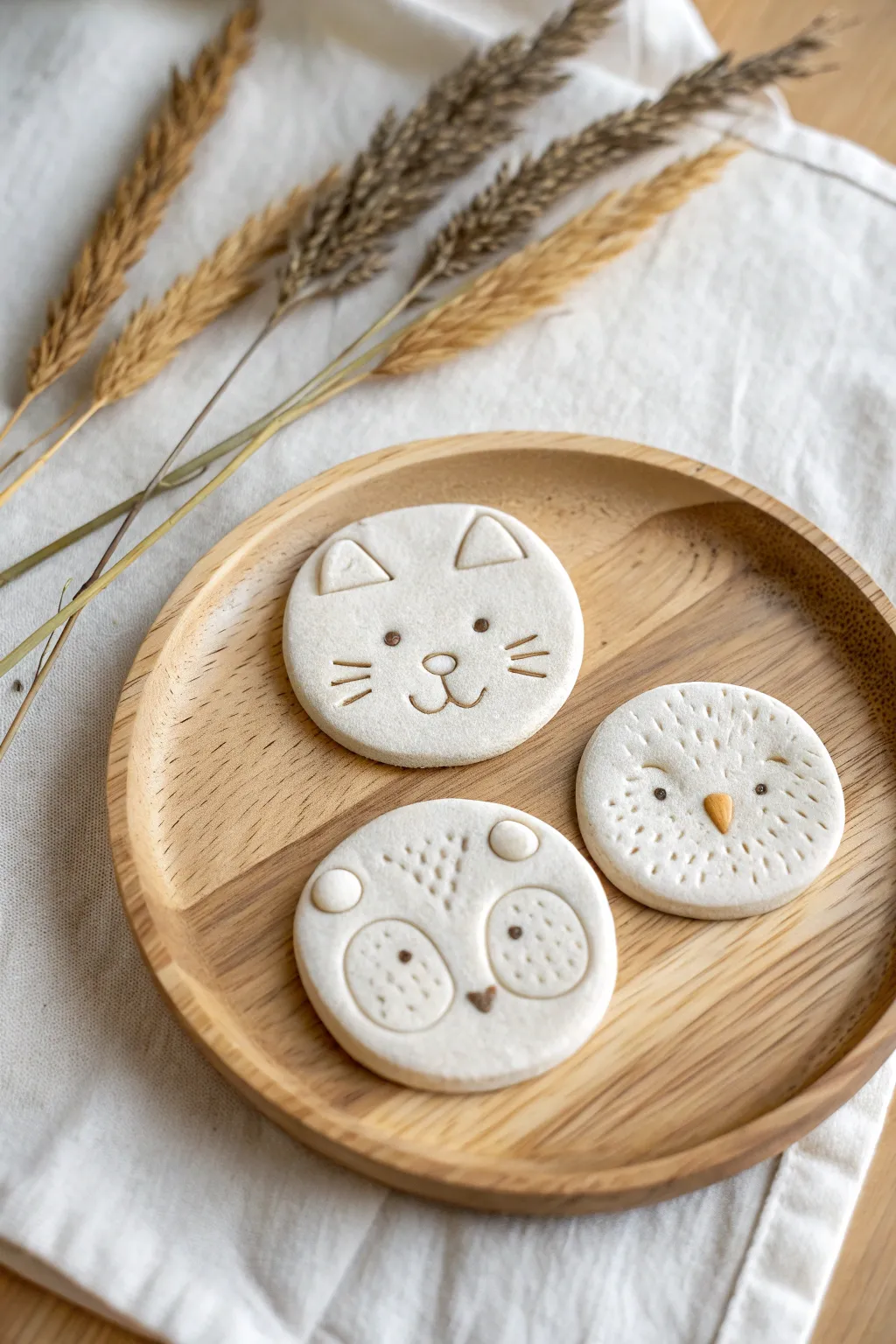 Cute clay dough animal faces on a minimalist tray, an easy DIY idea for kids and beginners.