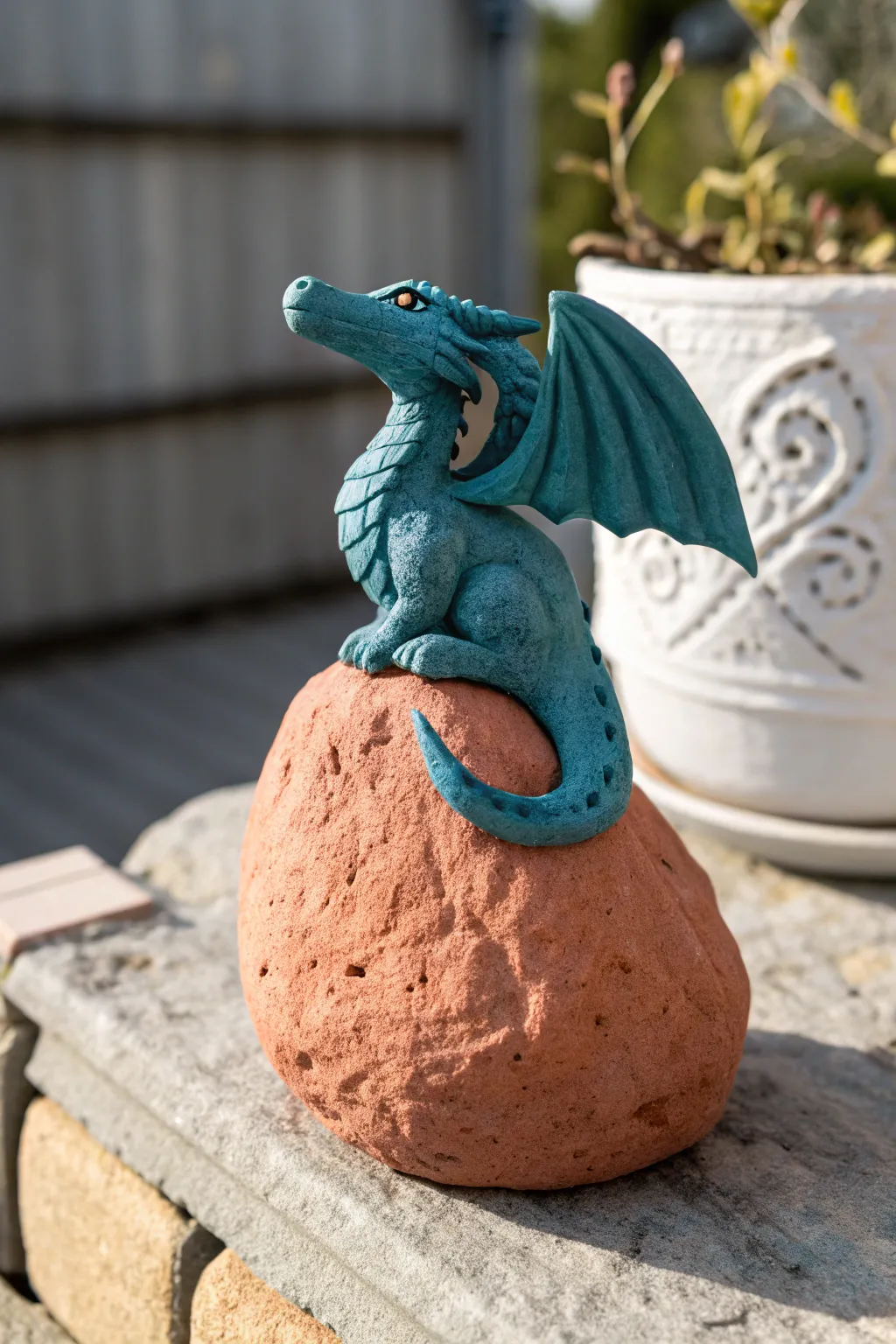Bold teal clay dragon perched on a chunky terracotta rock base, minimalist and display-ready.