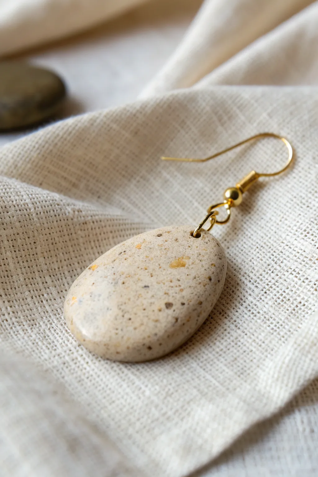 Organic pebble dangle earring with matte sandy texture, neutral tones, and bold minimalist contrast