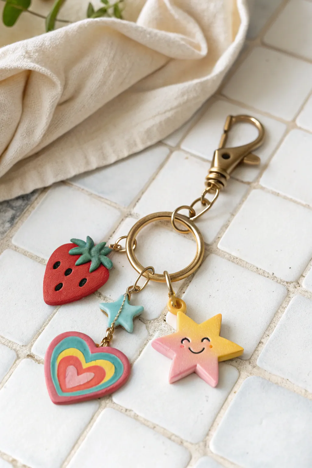 Sweet and simple clay charm keychain with fruit, star, and heart in bright minimalist tones