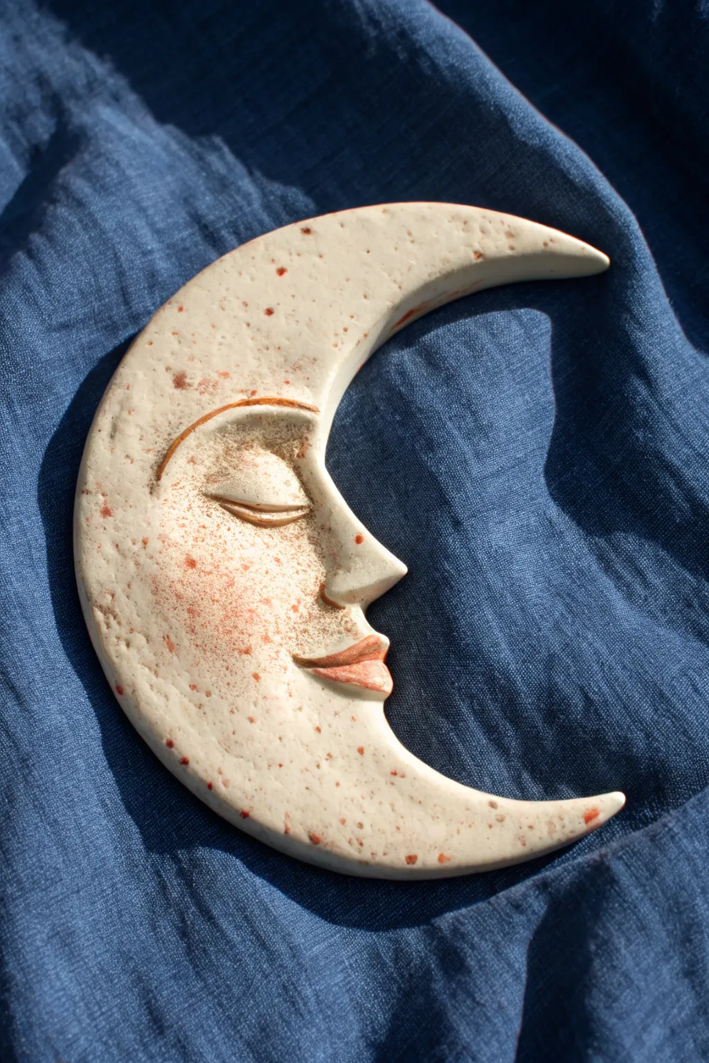 Dreamy crescent moon face relief in soft clay tones, minimalist boho wall decor inspiration.