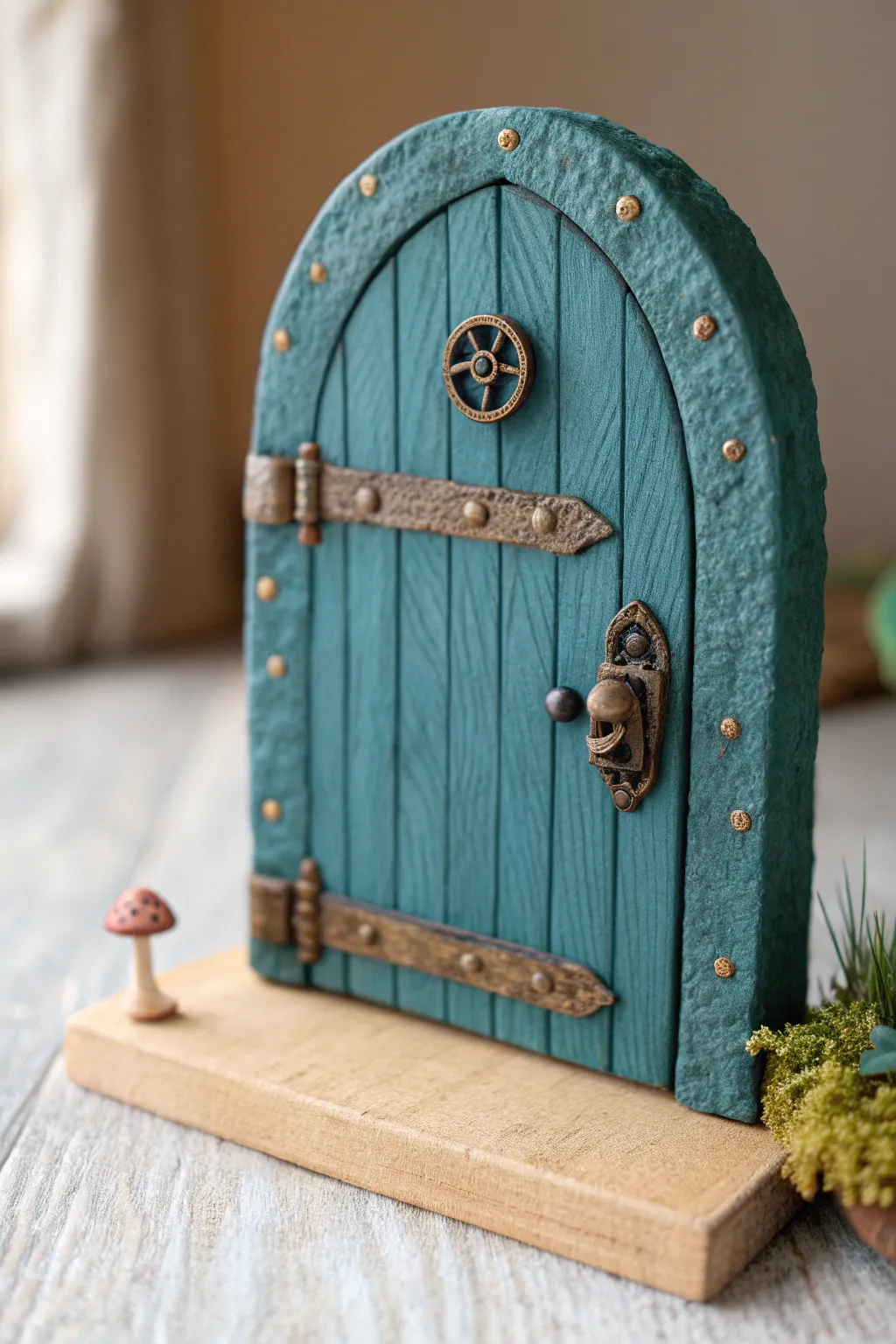 Tiny metallic hinges, knob, and keyhole make this minimalist clay fairy door feel magical.