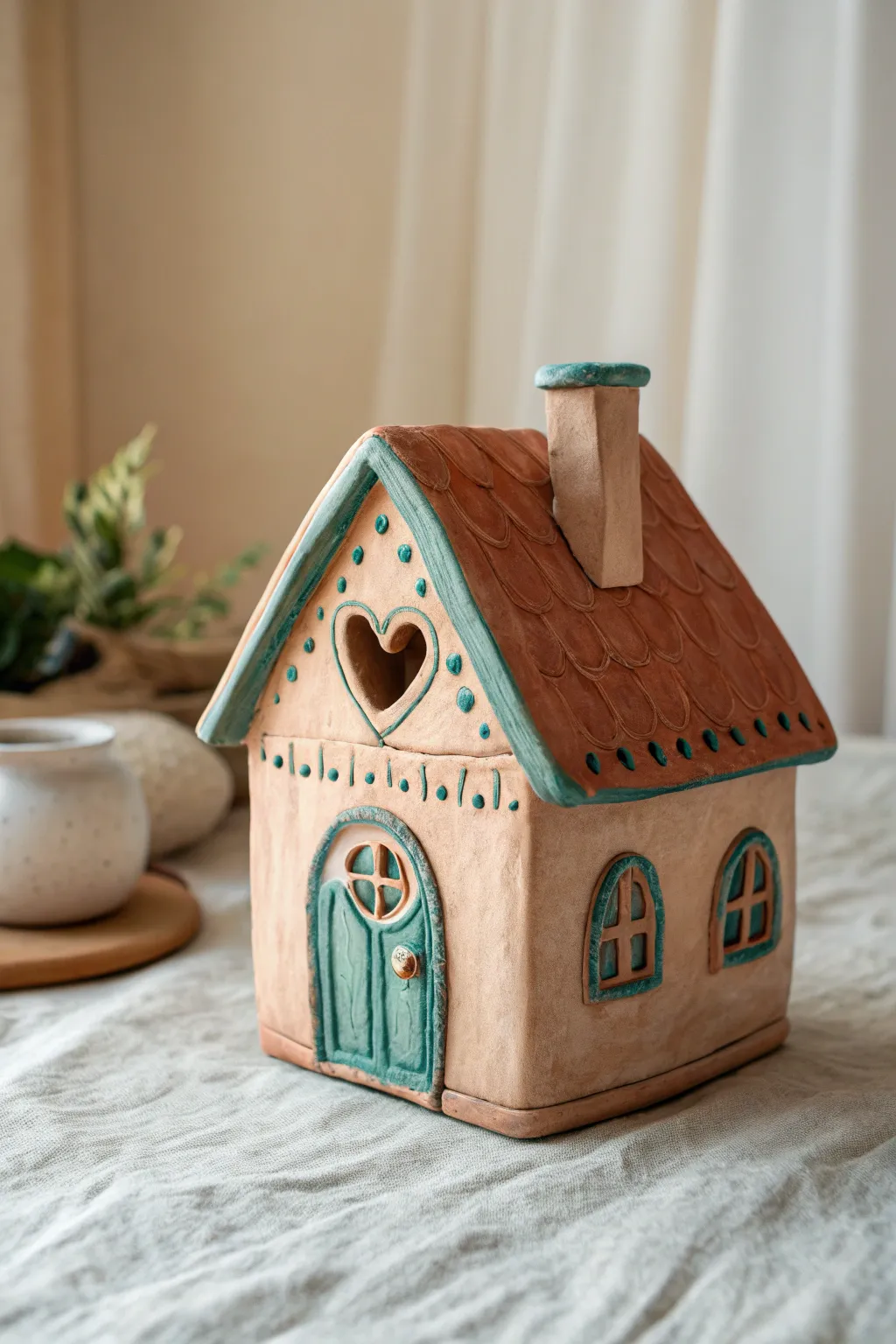 Curved chimney, crooked roof, and one tiny heart window for a sweet storybook fairy house.
