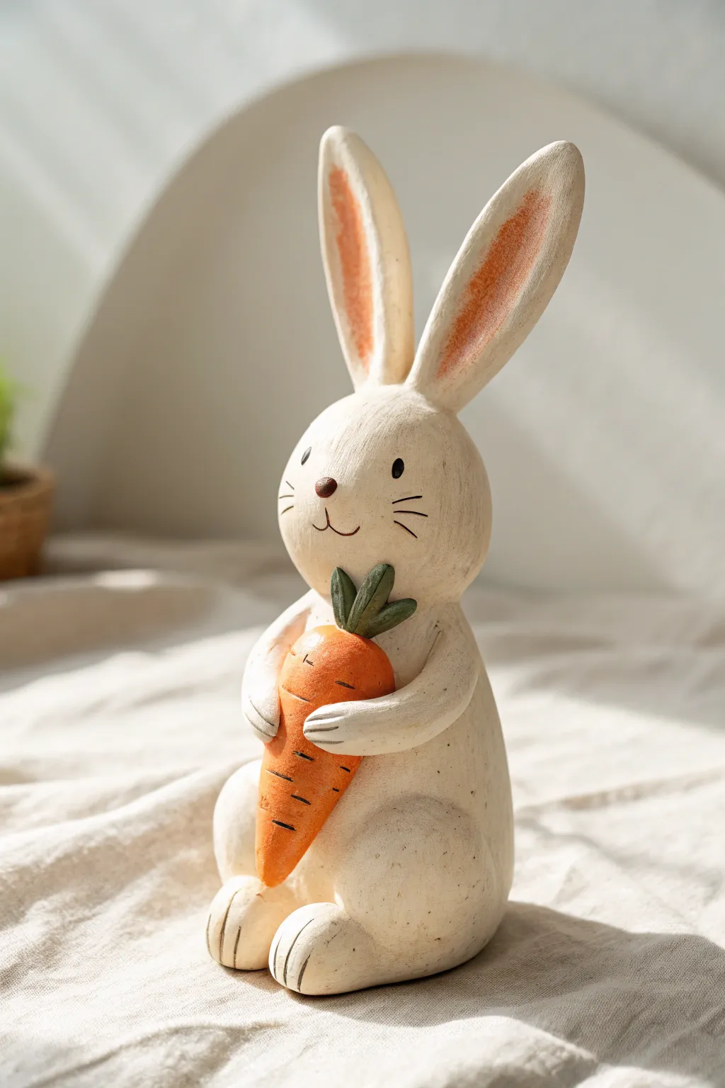 Smooth clay bunny hugging a tiny carrot, minimalist and cozy with bold terracotta contrast