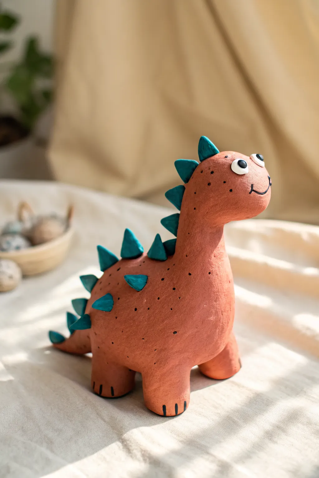 Chunky clay dino with bold spikes and sweet cartoon eyes, a simple kid-friendly figure