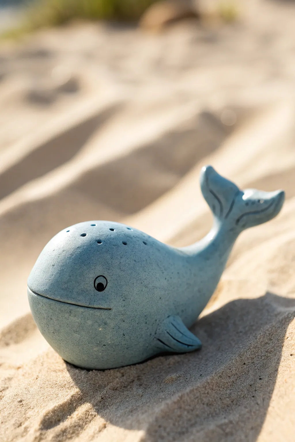 Tiny dusty blue whale figurine with a sweet spout detail, minimalist beachy charm for your shelf.
