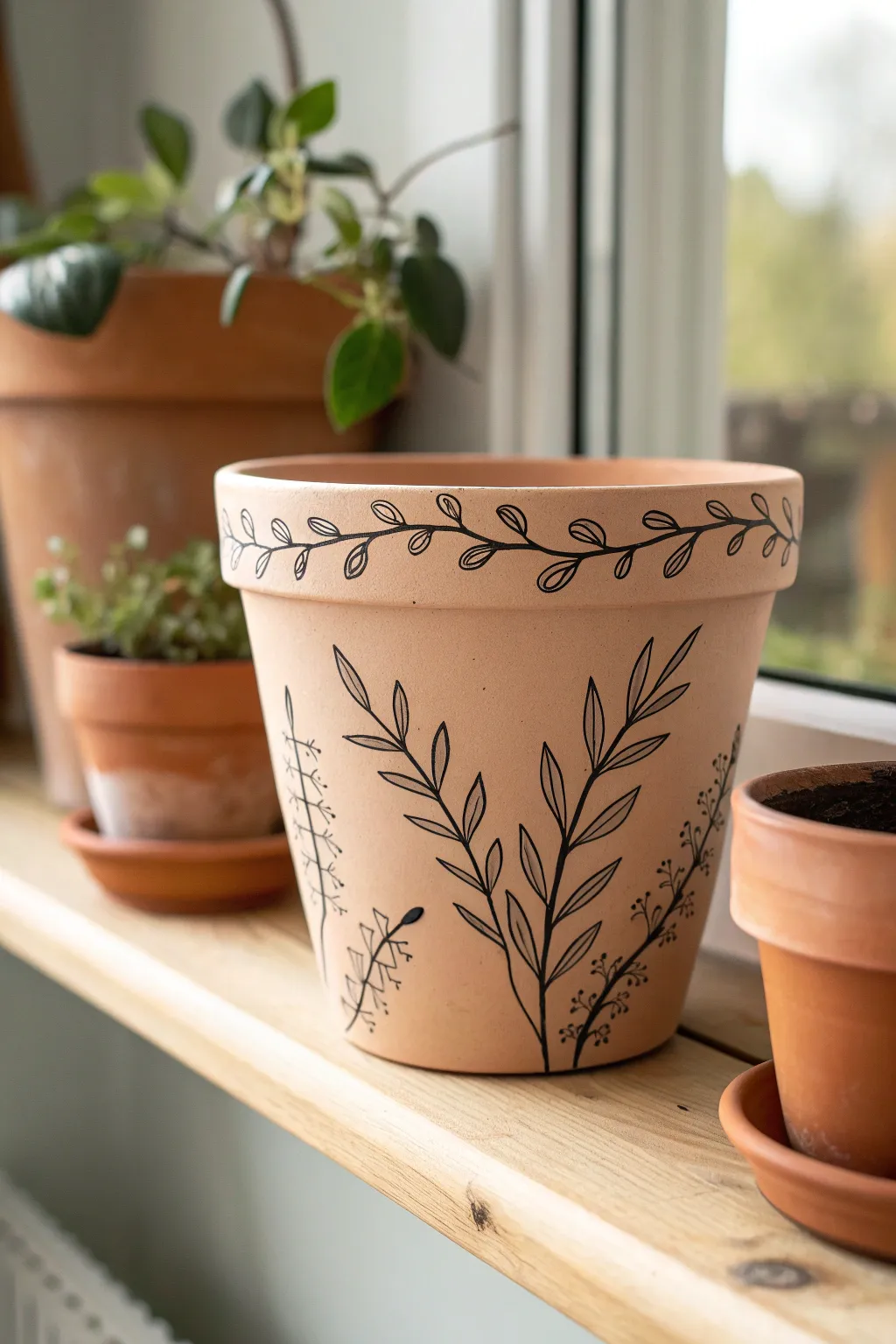Minimal black line art turns a simple terracotta pot into calm, modern Scandinavian decor.