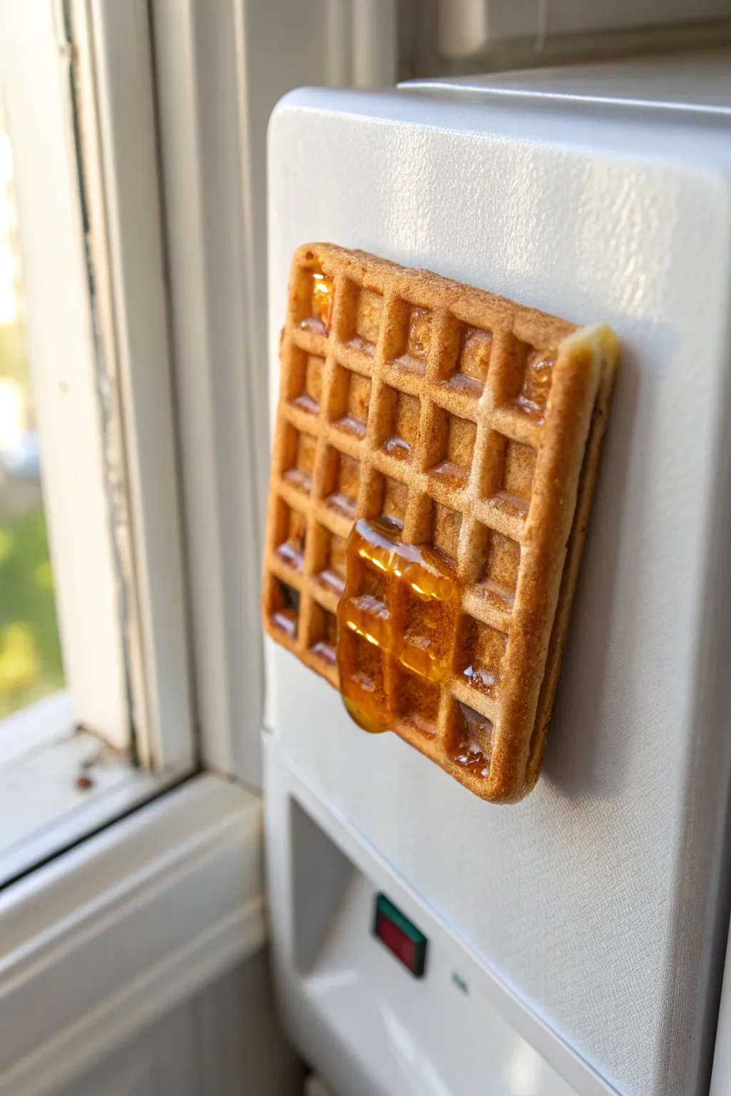 Sweet waffle square clay magnet with glossy syrup drip, minimal Scandinavian styling on a bright fridge.
