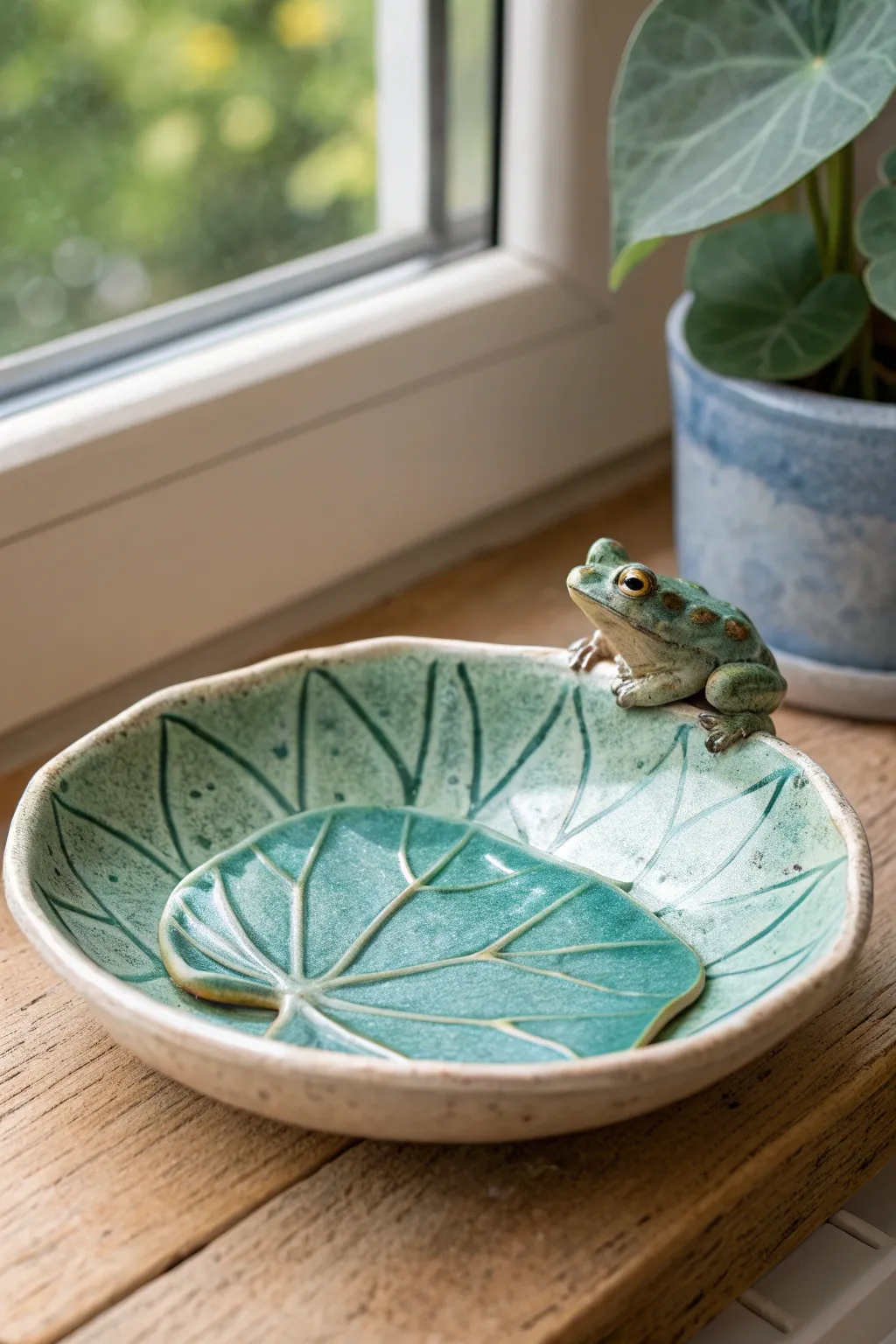 Minimalist lily pad trinket tray with a tiny frog guardian, bold glaze and cozy handmade charm