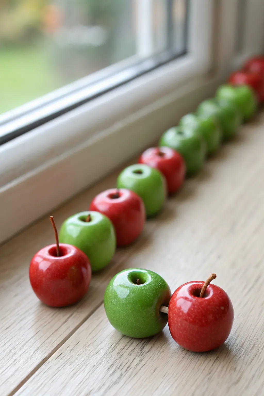 Sweet clay apple beads in bold red and green, lined up to reveal clean bead holes