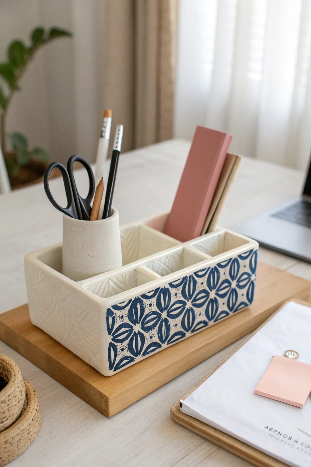 Minimal slab-built desk organizer with a bold carved indigo pattern for a calm, chic workspace.