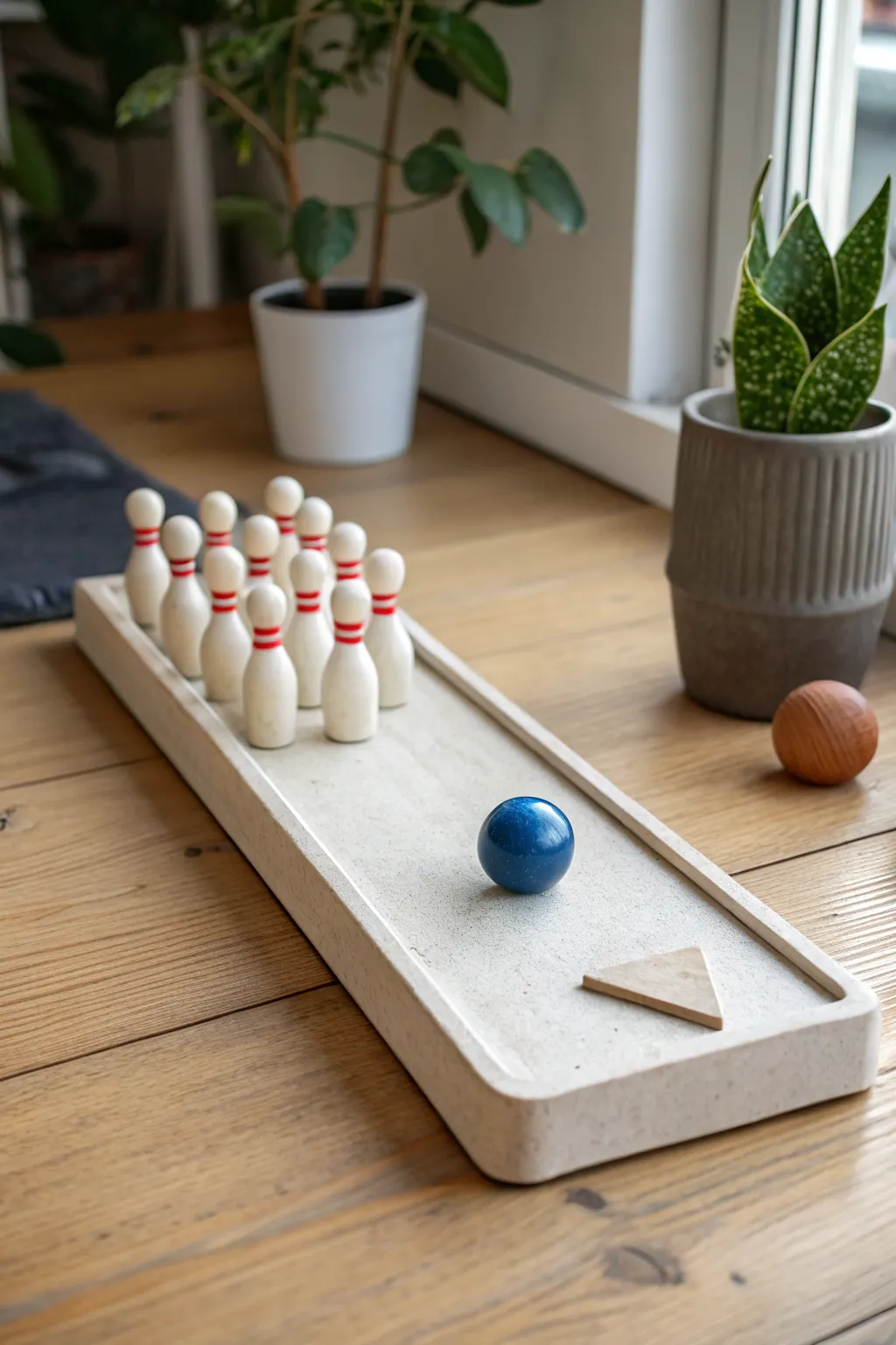 Mini clay bowling desk game with terracotta pins and a bold cobalt ball in clean Nordic style
