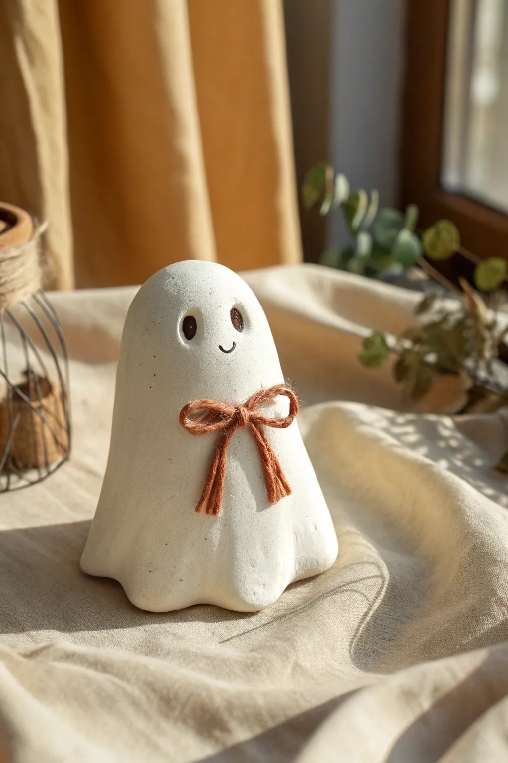 A sweet minimalist clay ghost dressed up with a tiny bow tie for a polished spooky-chic look.