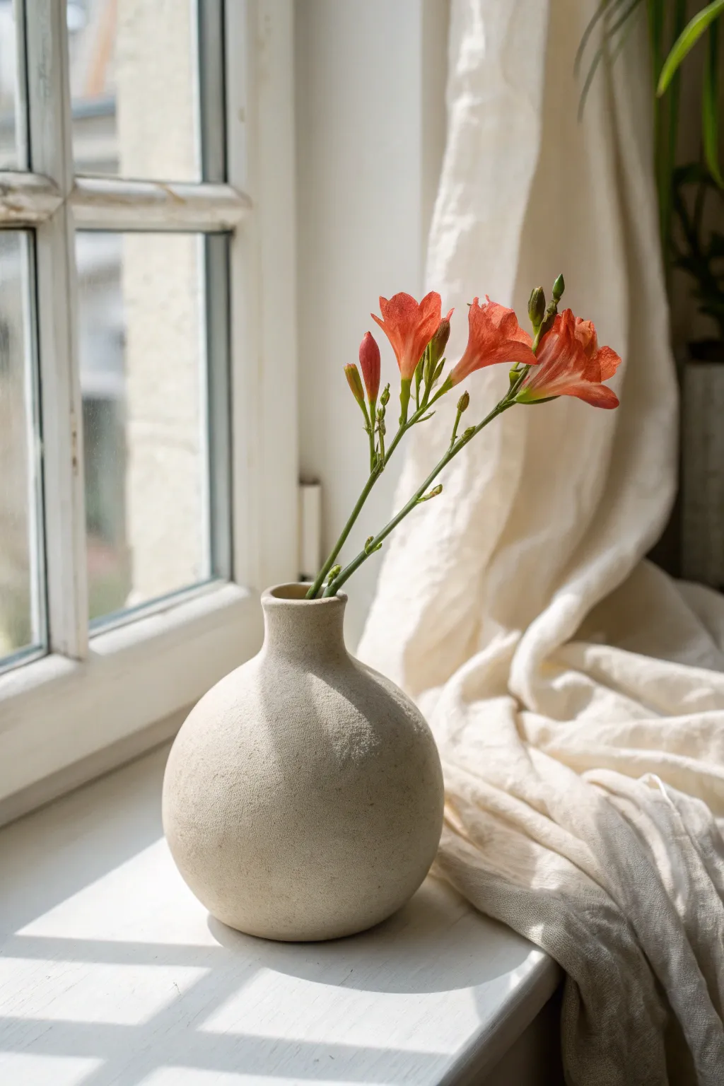 Minimalist air dry clay bud vase with a matte finish, made for a single bold stem on a sunny sill.