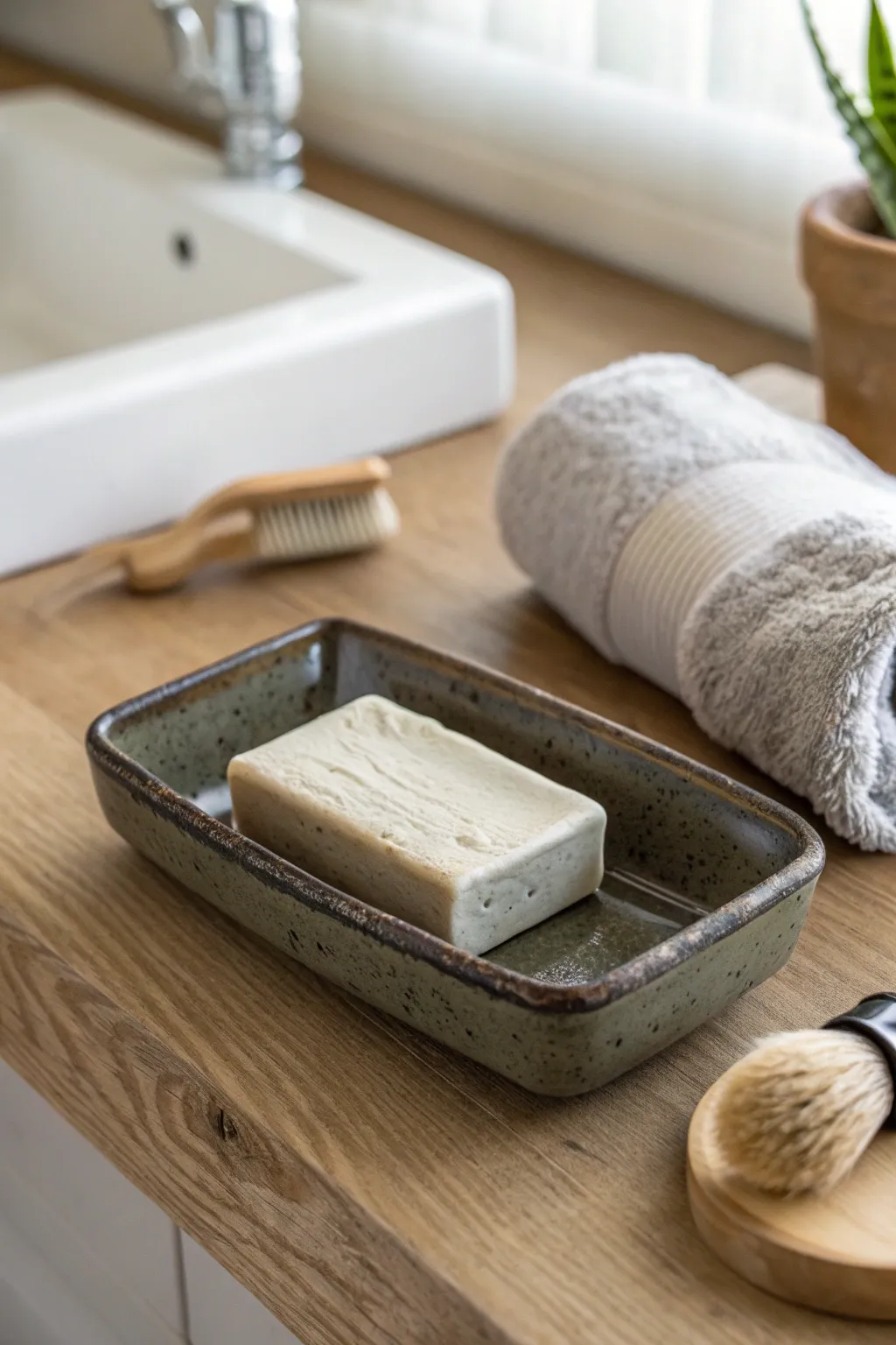 Minimal handmade shaving tray with ridged soap dish in matte charcoal, a thoughtful gift idea.