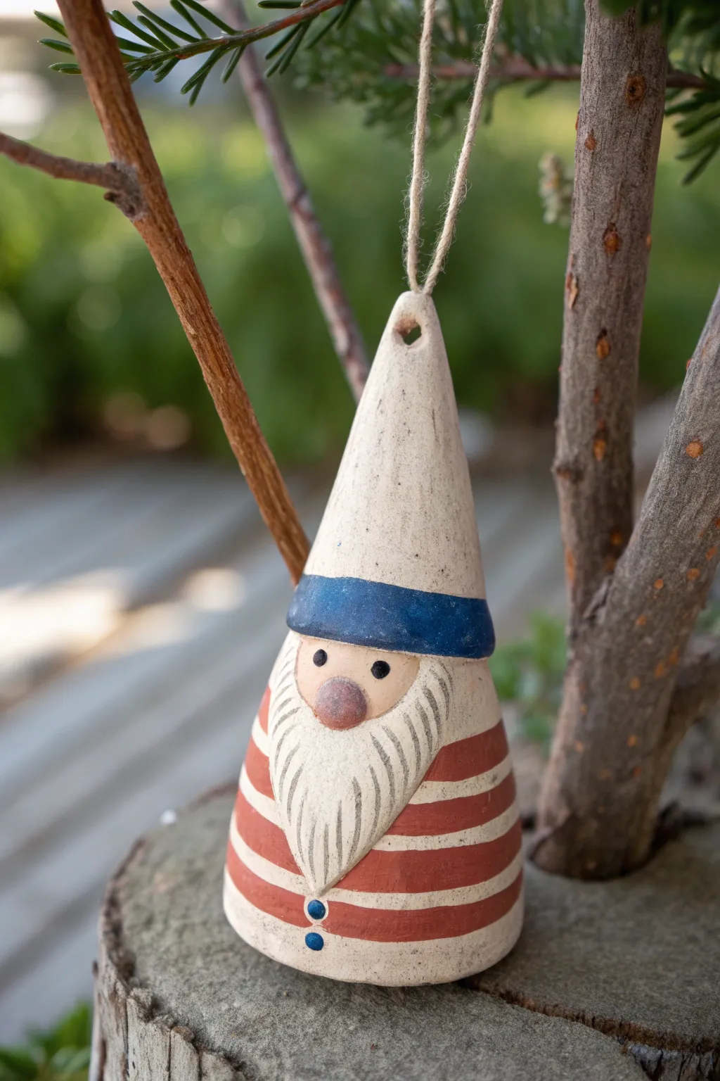 Minimal flat-back clay gnome ornament with bold dots and stripes, ready to hang with twine.