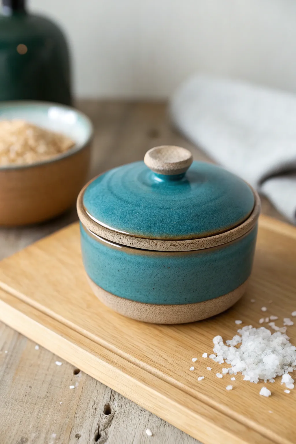 Lidded pinch pot for salt or spices, simple knob lid, bold glaze in calm minimalist styling.