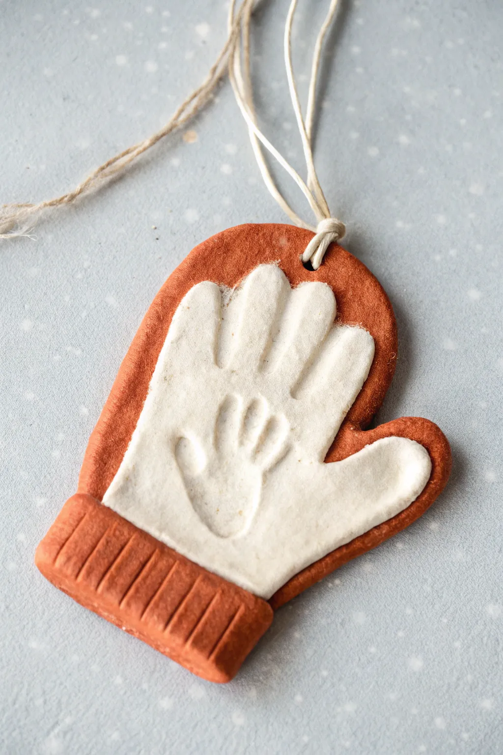 Mitten handprint clay ornament with cozy painted cuff and ribbon, a sweet holiday keepsake.