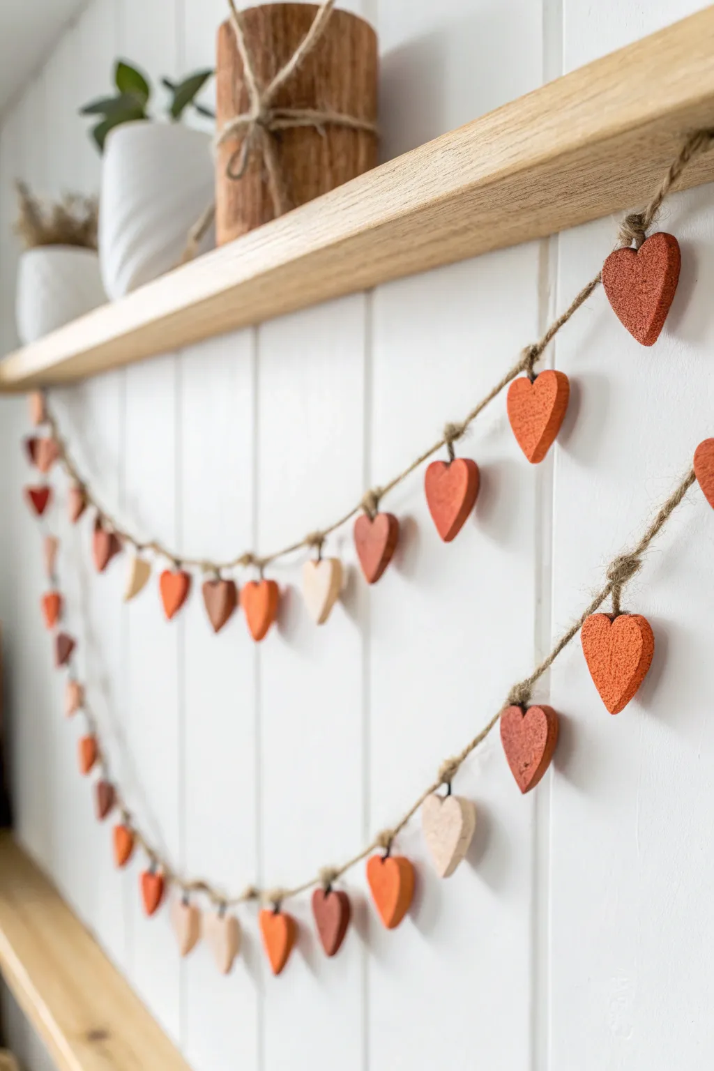 Mini clay heart garland for a cozy minimalist shelf, bold warm tones with handmade charm.