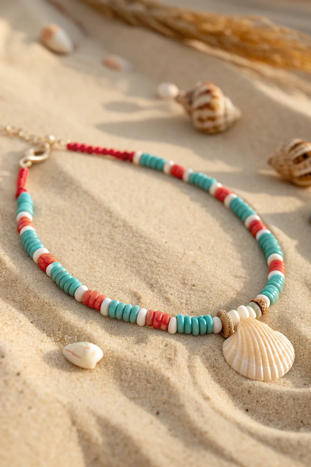Minimal beachy heishi anklet with shell charm, sunlit neutrals with a pop of turquoise.
