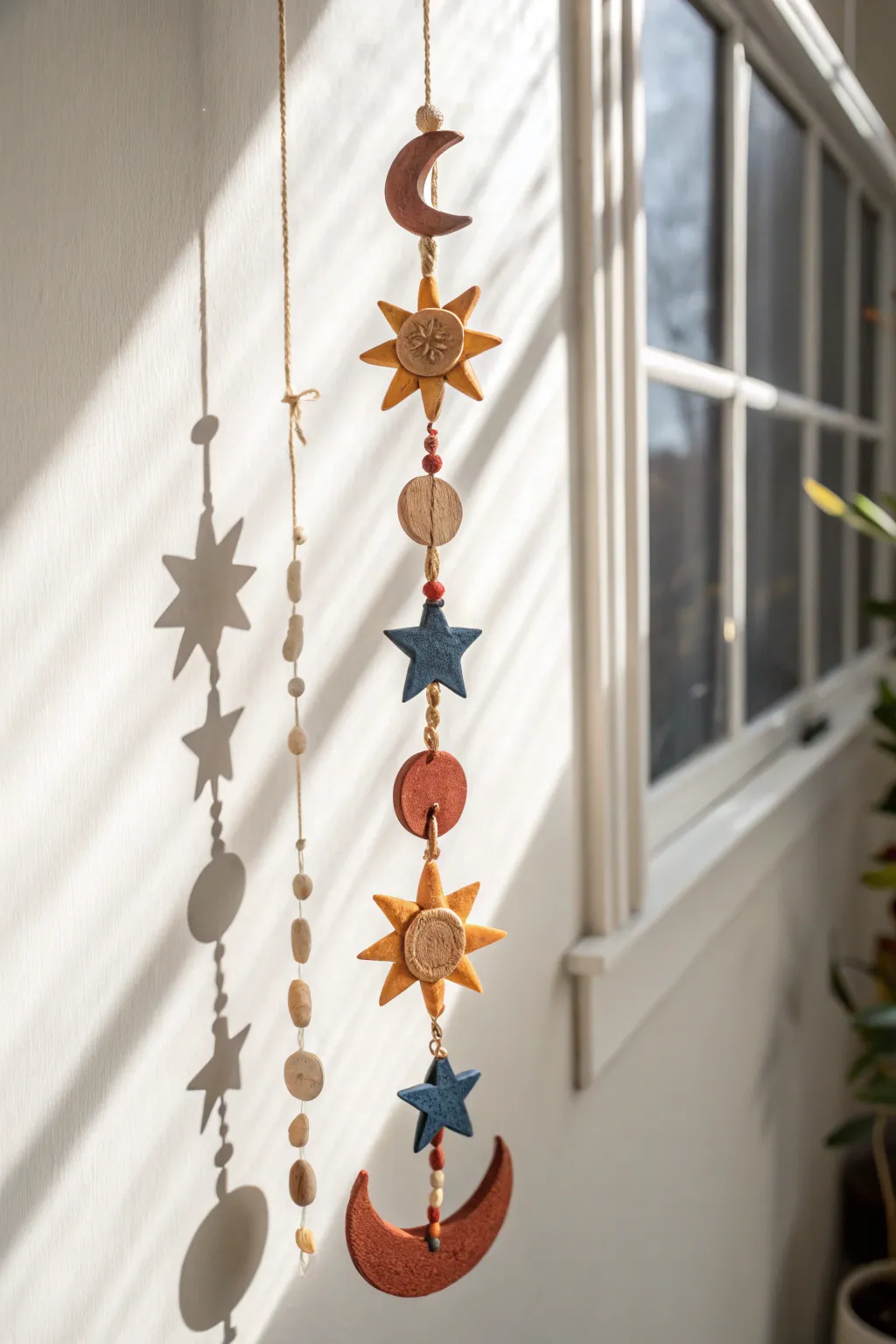 Dreamy sun and moon clay mobile adds bold color and calm Scandinavian charm to any wall
