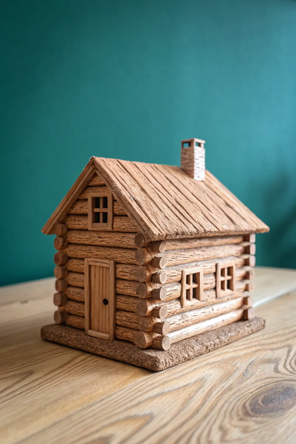 Mini clay log cabin with warm wood grain wash and chimney, a cozy rustic clay house idea.