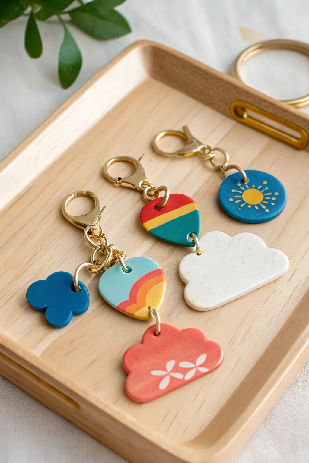 Glossy color-block clay keychain charms in bold shapes, styled like a minimalist gift set
