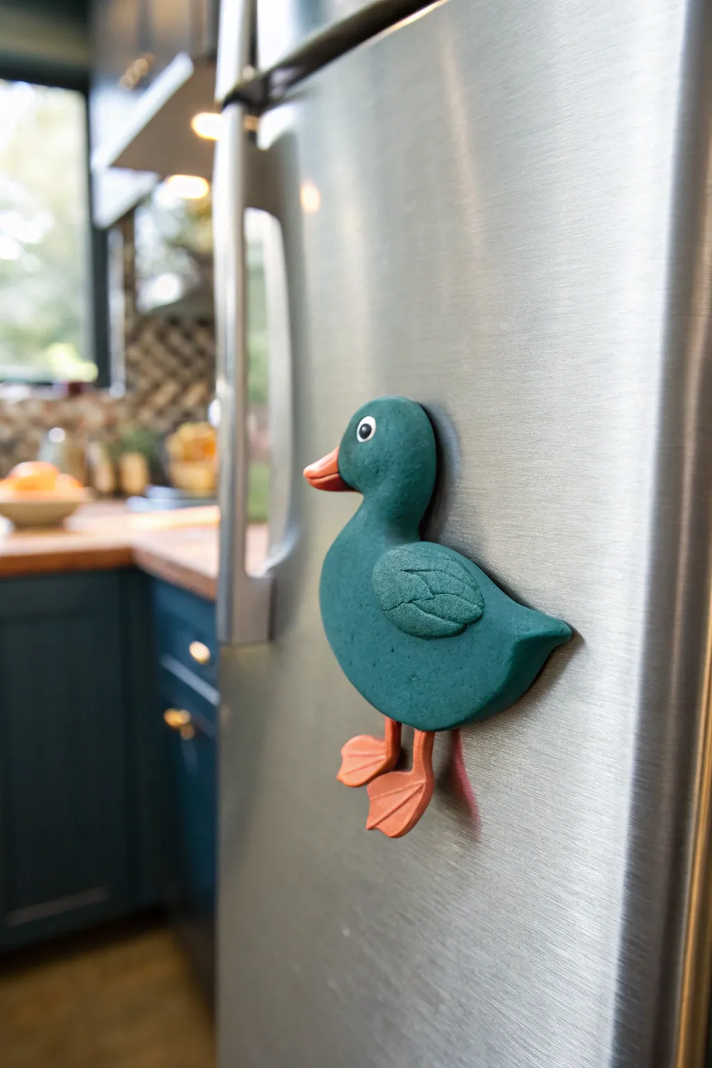 Chunky-footed clay duck magnet bringing playful boho charm to a minimalist metal fridge.