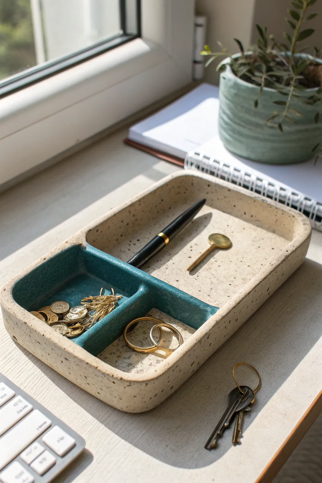 Minimal clay desk tray for pens, clips, and keys, blending Scandinavian calm with boho warmth.