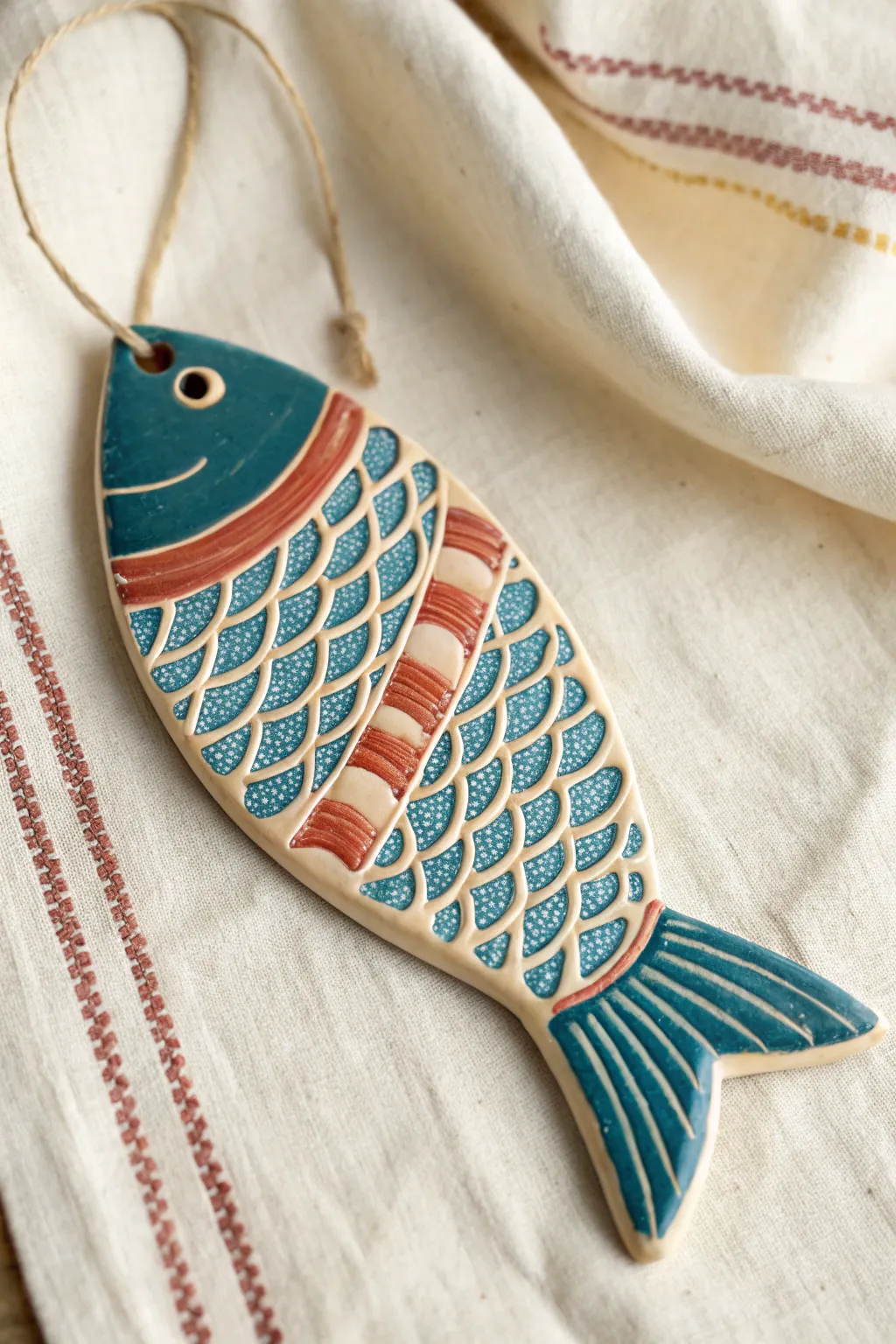 Bold patterned slab fish: an easy art class clay project with Scandinavian calm and boho color.