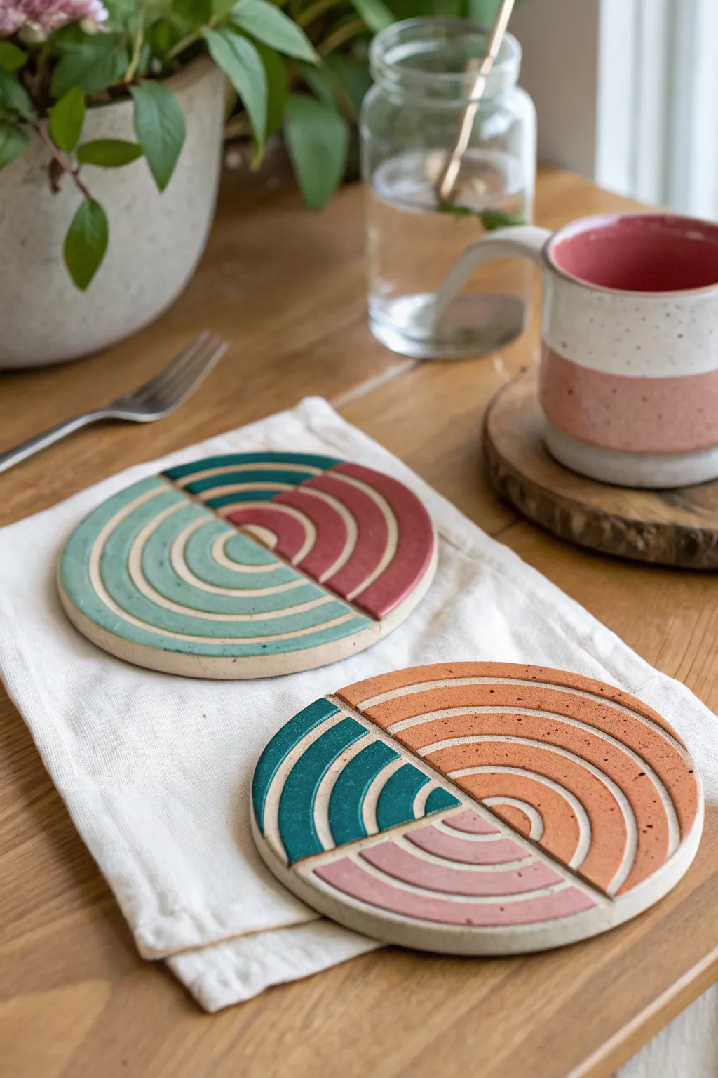 A friendship coaster duo: two handmade halves that click together into one bold rainbow circle.
