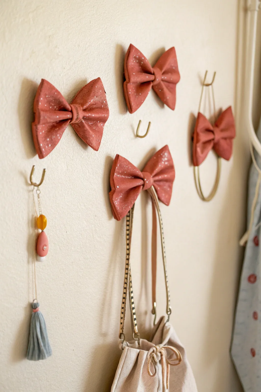 Sweet bow clay hooks add chic bedroom storage for jewelry, scrunchies, and mini bags.