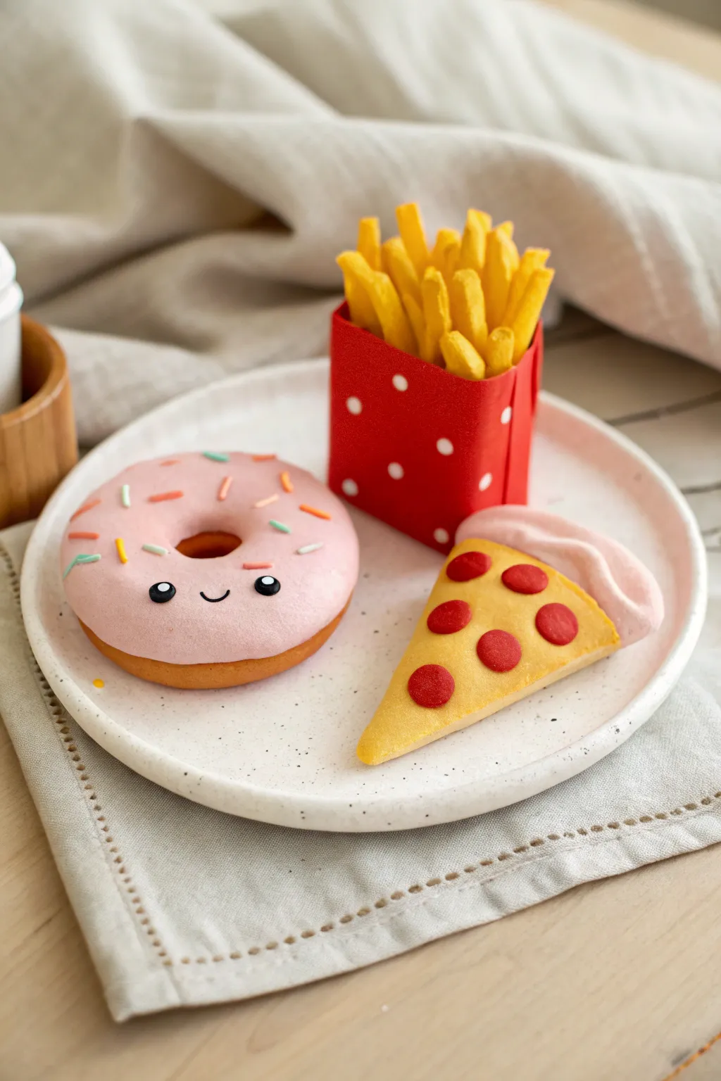 Make snack time cute in clay: a donut, pizza slice, and fries with sweet little faces.
