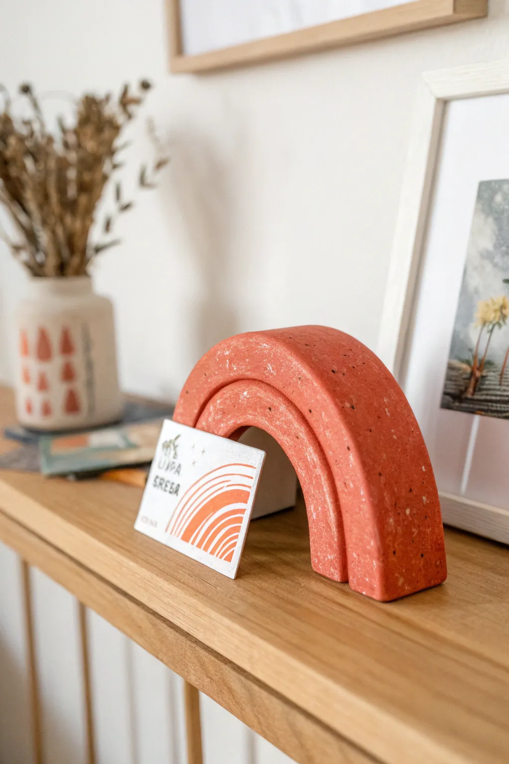 DIY clay arch photo holder: minimalist boho pop of color for teen room shelves decor