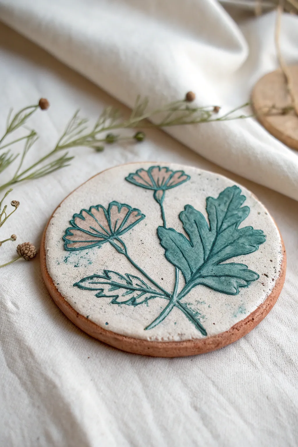 Simple toddler clay fossil print: leaf veins and flower silhouette, softly painted for texture
