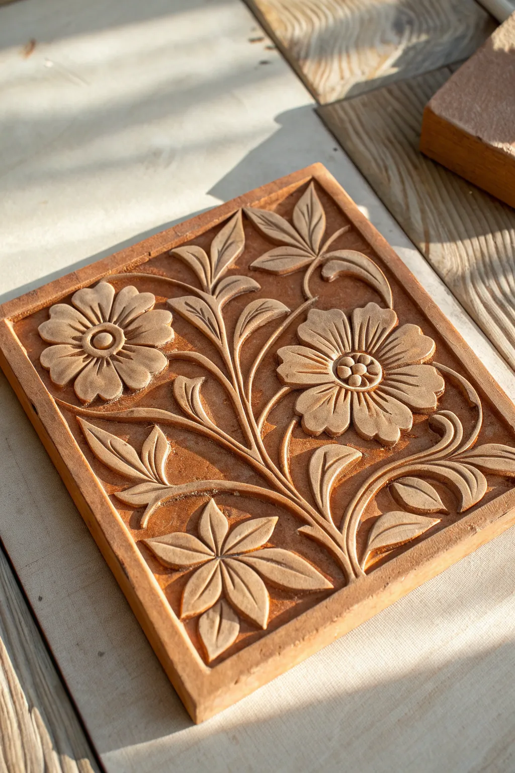 Deep-carved botanical relief tile with bold shadows, minimalist Scandinavian warmth and boho charm.
