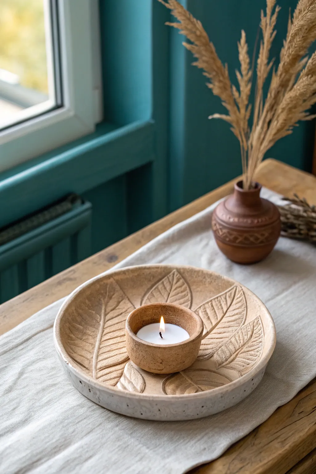 Pressed leaf texture meets bold terracotta: a minimalist clay incense and candle holder duo