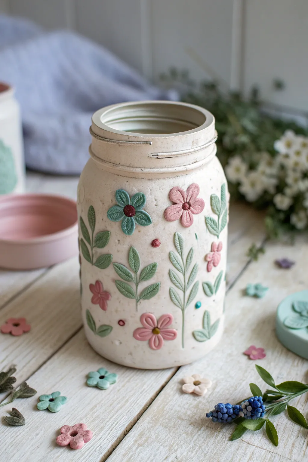 Flower garden jar with mini clay blooms, pastel petals and a bold pop on an airy table