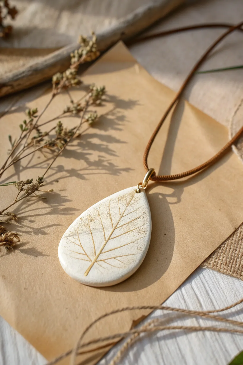 Leaf-print clay pendant necklace in earthy tones, simple cord, minimalist boho charm.