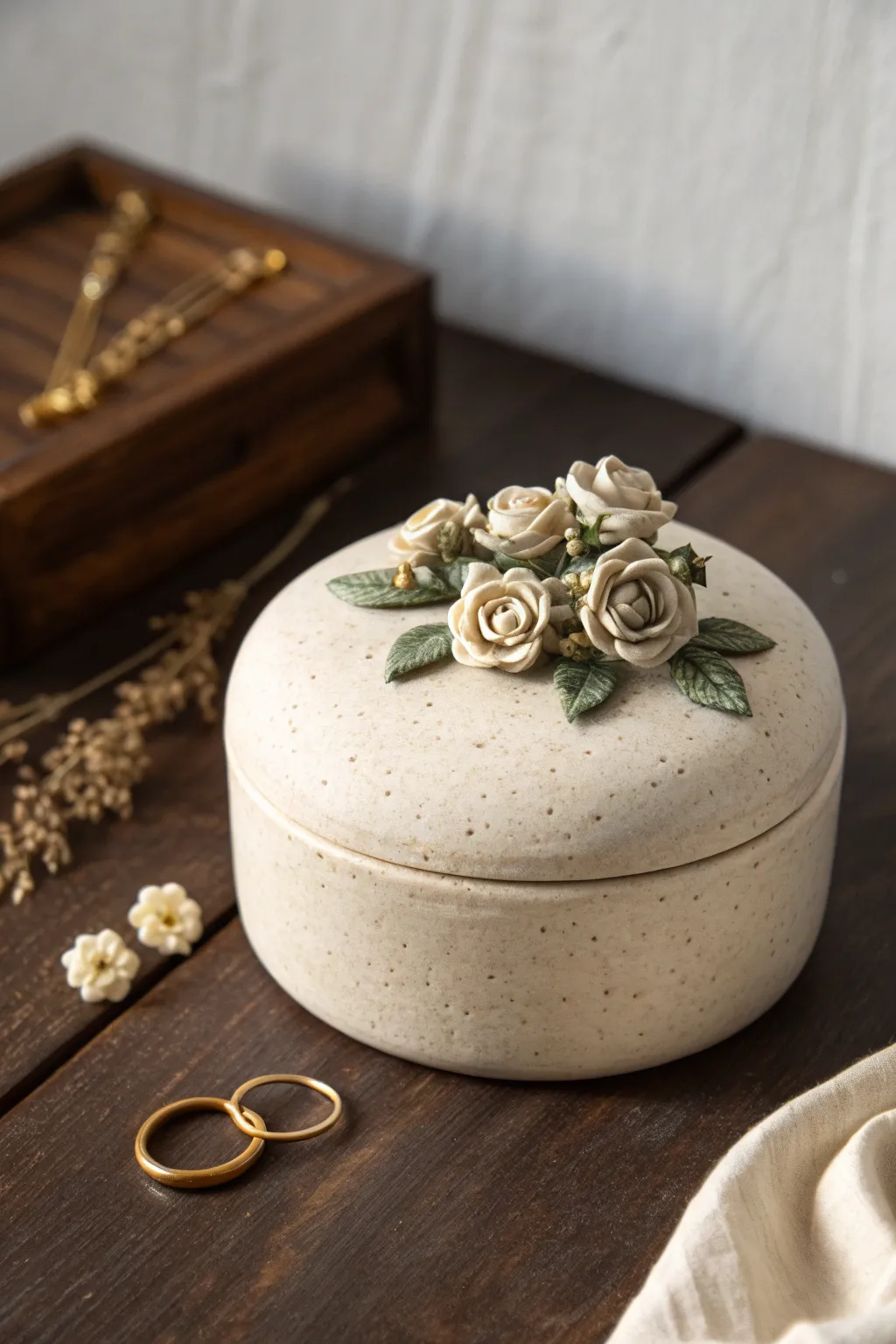 Vintage rose-topped clay jewelry box in creamy matte finish, simple, cozy, and handmade.