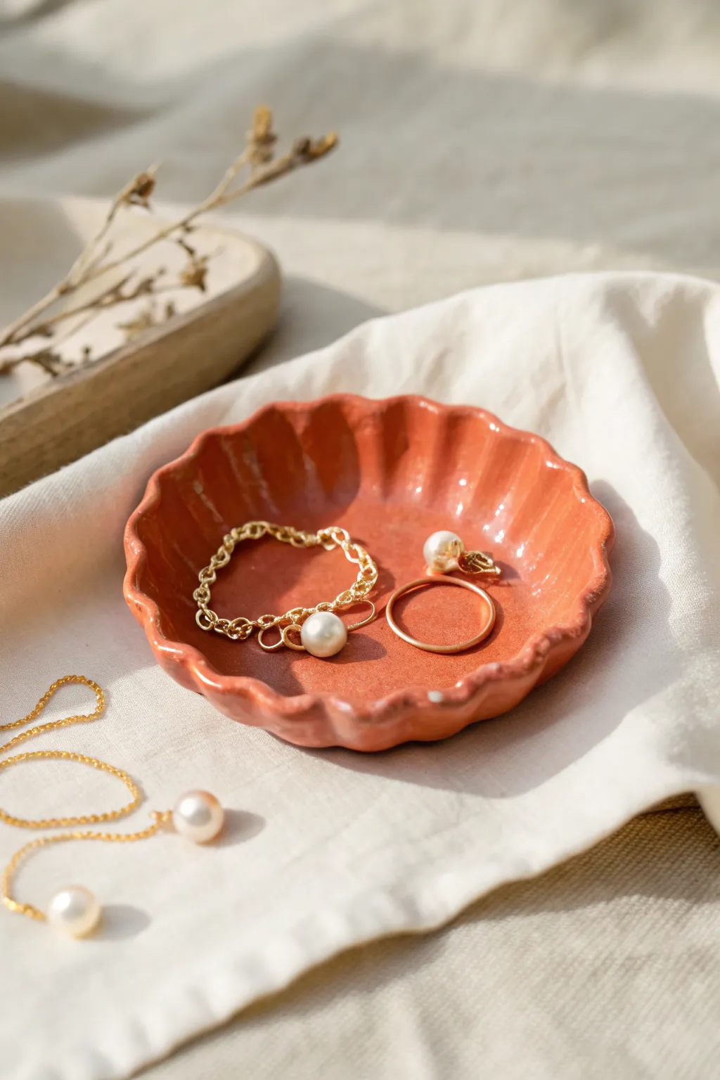 Scalloped-edge clay jewelry dish in bold terracotta, styled with pearls and a delicate chain.