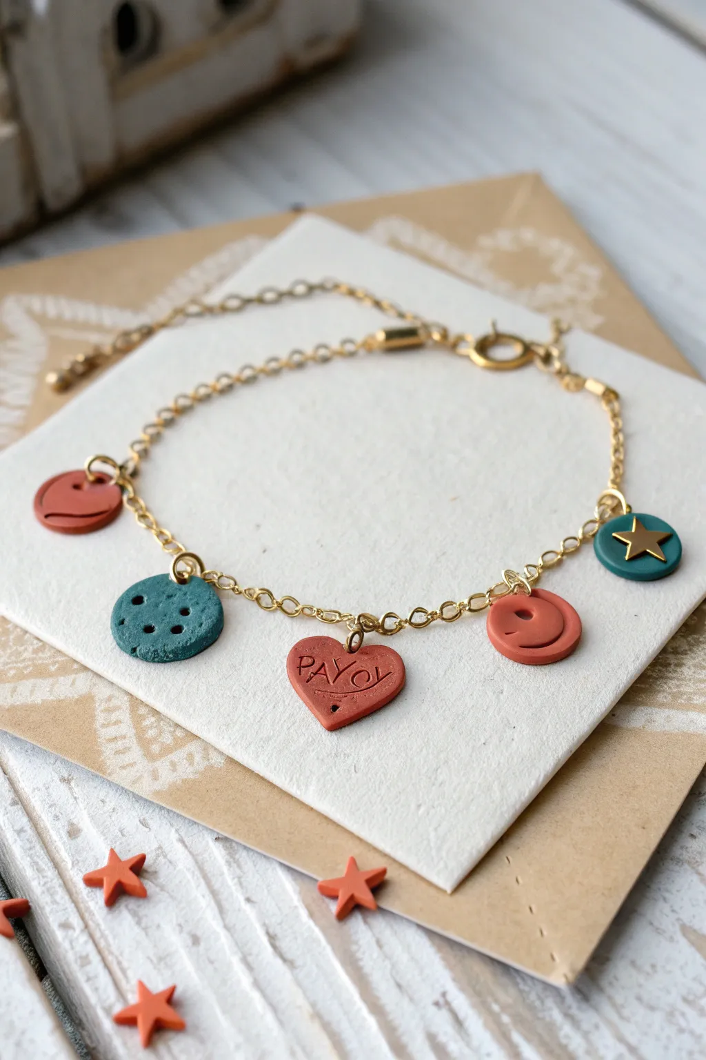 Minimal clay charm bracelet with star and moon cutouts, bold colors, Scandinavian boho vibe.