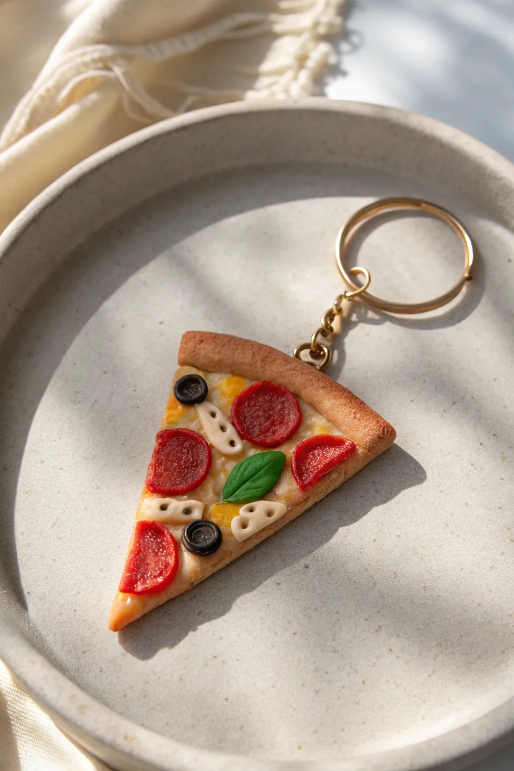 Chunky-topped clay pizza slice keychain in bold colors, crisp focus, minimalist backdrop.