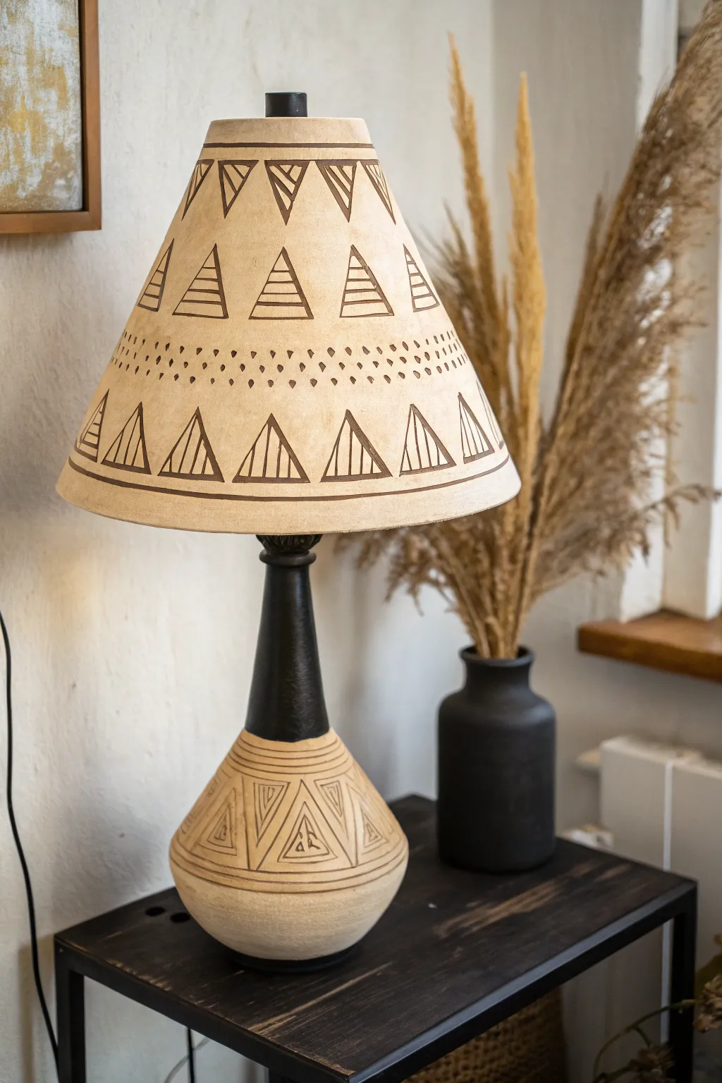 Carved geometric clay shade casting crisp triangles of light for a clean Scandi boho glow