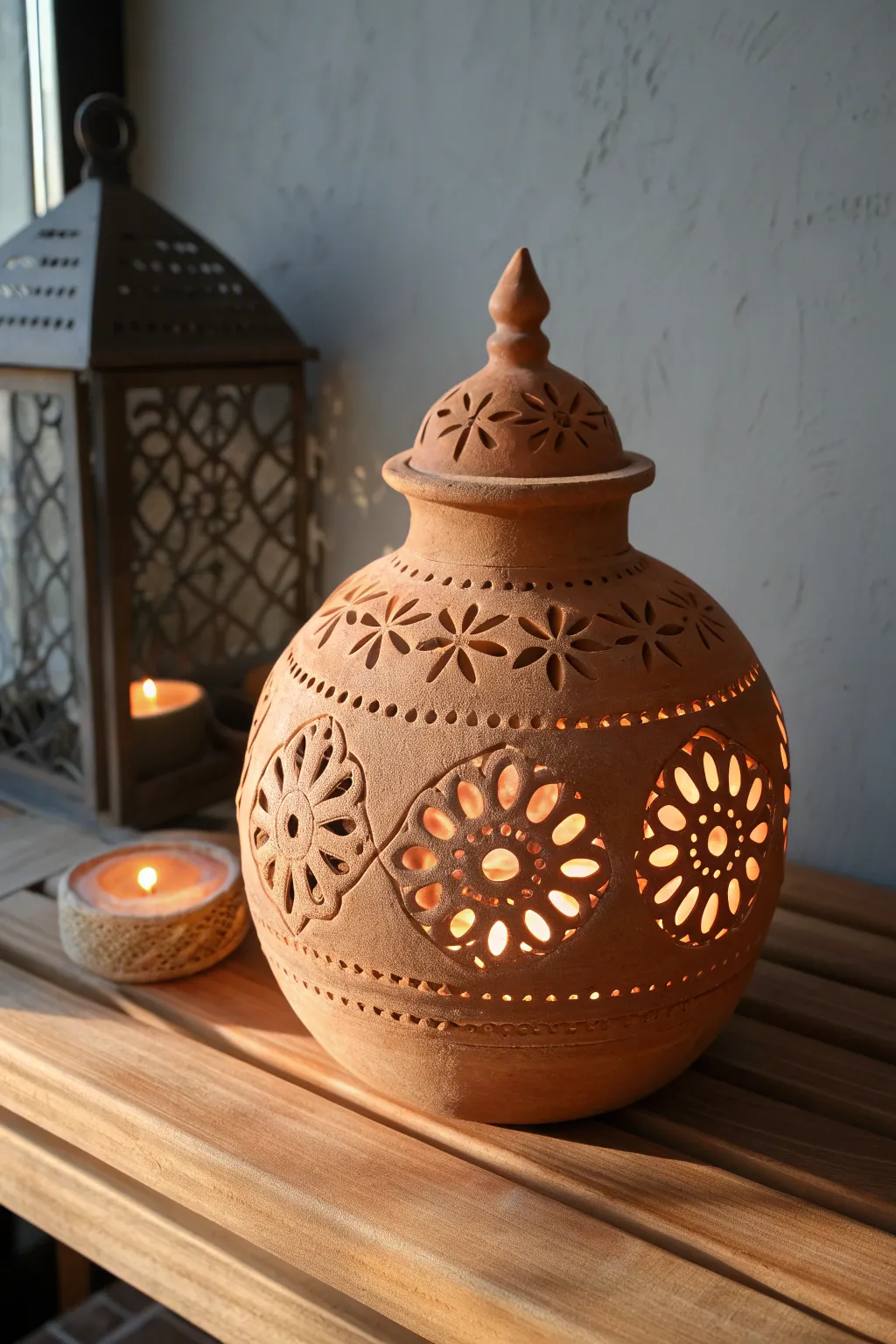 Mandala lace carved clay lantern casting a warm glow, minimalist boho mood with bold contrast.