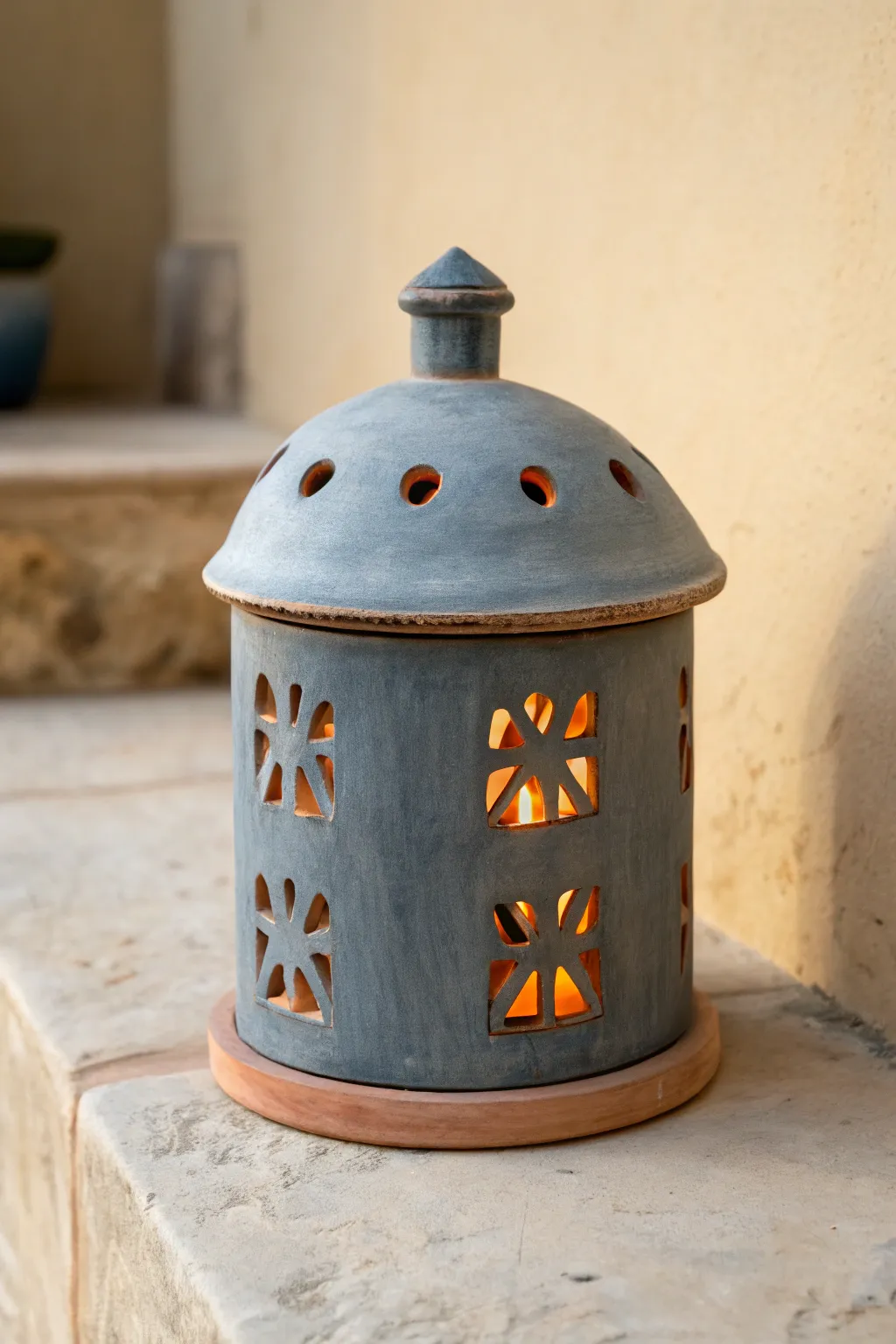 Minimal lidded clay lantern with chimney vents, softly glowing for cozy Scandinavian charm.