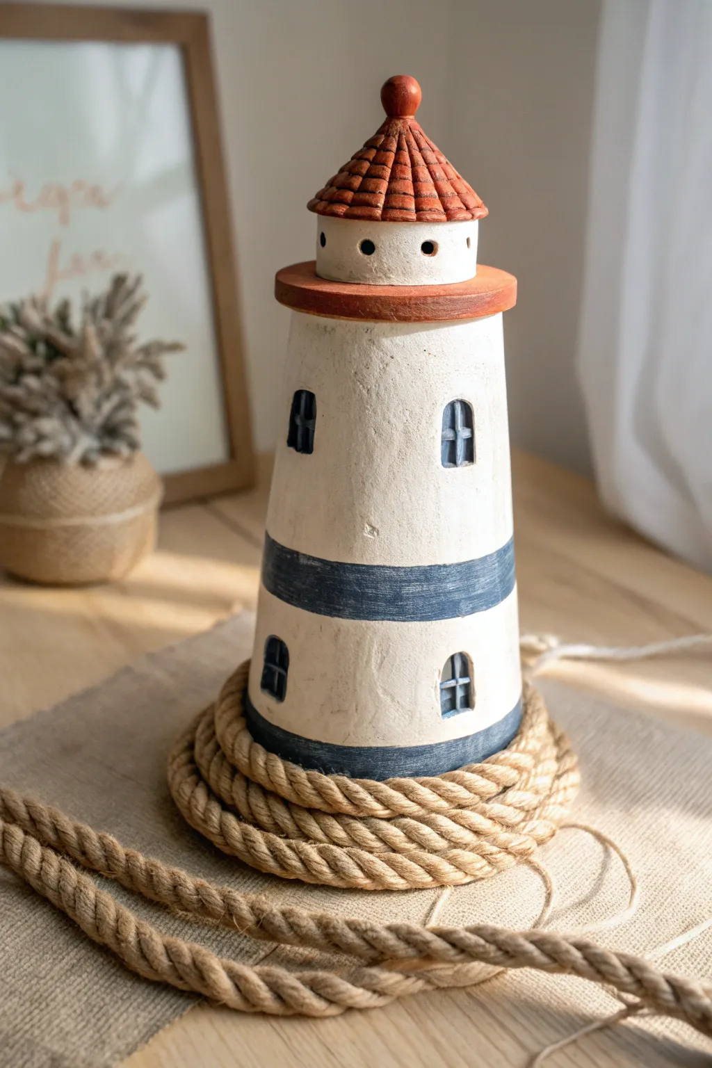 Minimal clay lighthouse with rope-wrapped base trim, bold stripes, and cozy coastal boho vibes