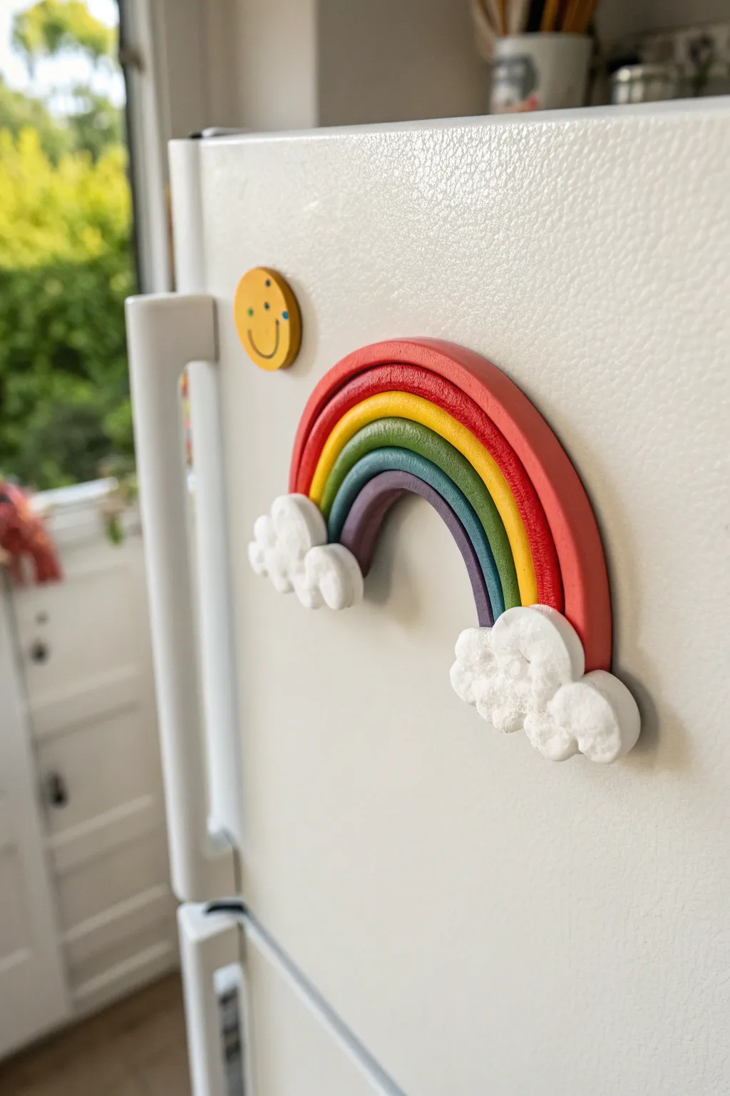 Bright rainbow cloud clay magnet on a minimalist fridge, a cheerful kids craft with bold color