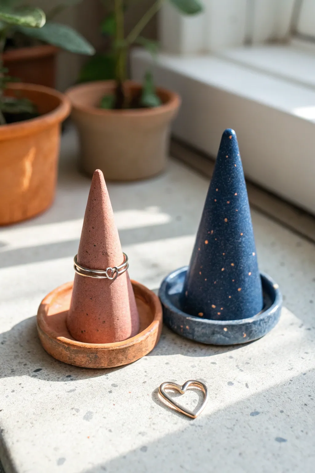 Create a heart together: two simple clay ring cones that meet in perfect negative space.